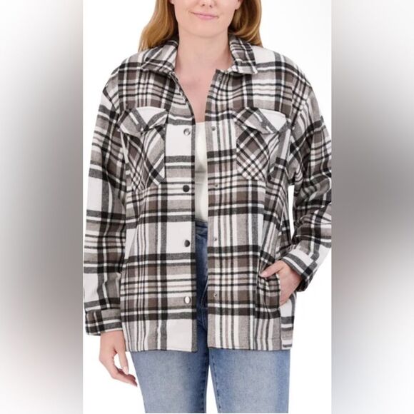 HFX Women’s Plaid Shacket (Brown) Medium EUC polyester/wool blend neutral color - Picture 1 of 3